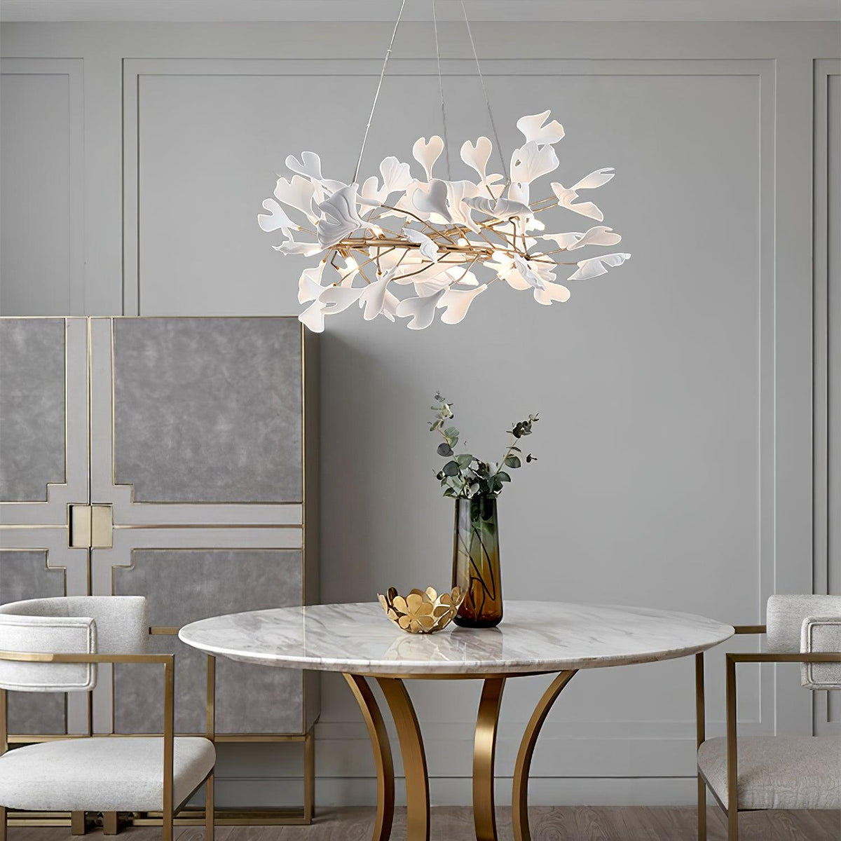 Ginkgo Chandelier White Ceramic Petals Gold Branches Art - Neutralighting