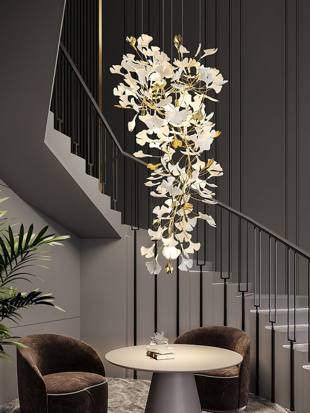 Olivia Chandelier Céramique Gingko Luxe Escalier d'Hôtel - Neutralighting