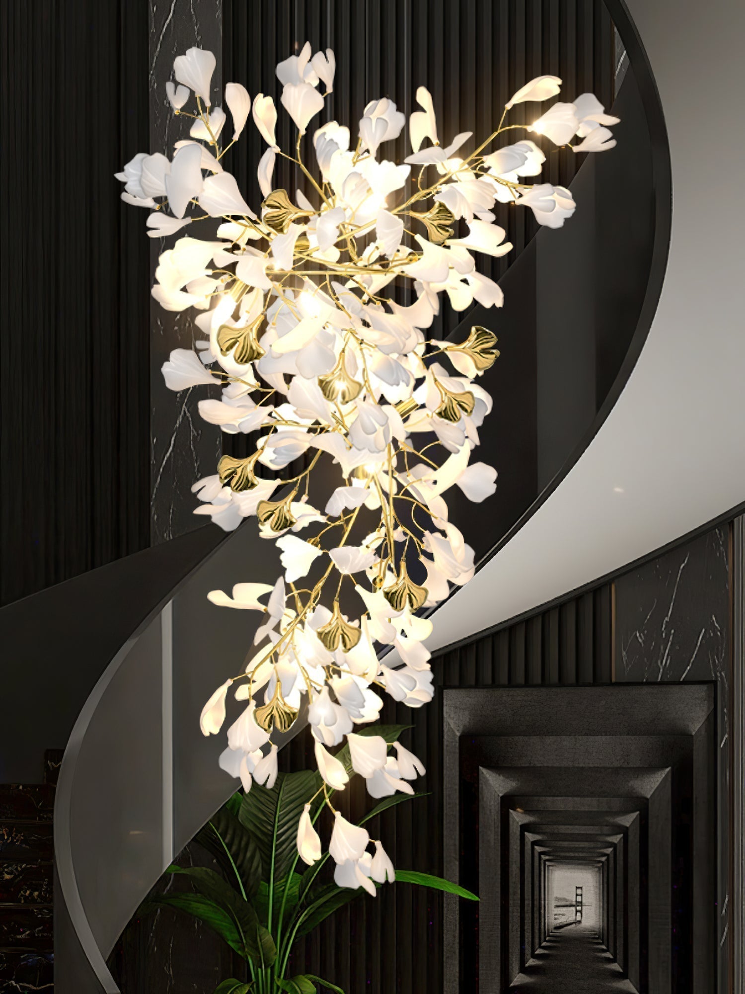 Olivia Chandelier Céramique Gingko Luxe Escalier d'Hôtel - Neutralighting