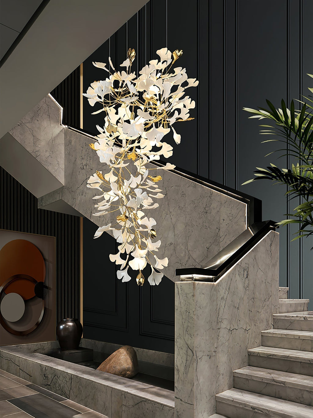 Olivia Chandelier Céramique Gingko Luxe Escalier d'Hôtel - Neutralighting