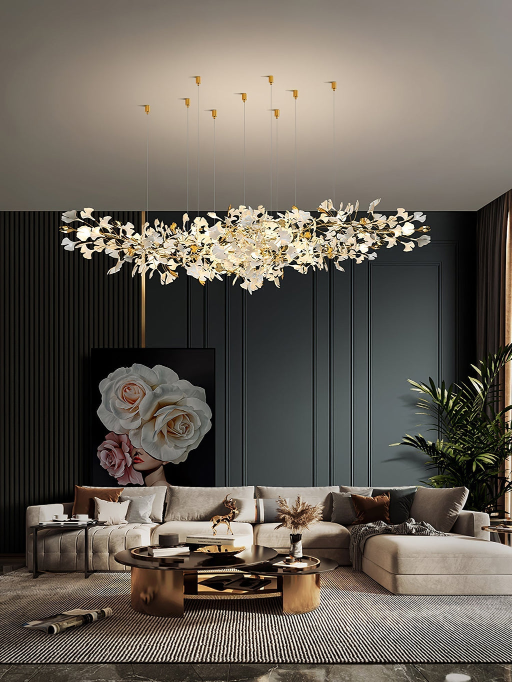 Olivia Chandelier Céramique Gingko Luxe Escalier d'Hôtel - Neutralighting