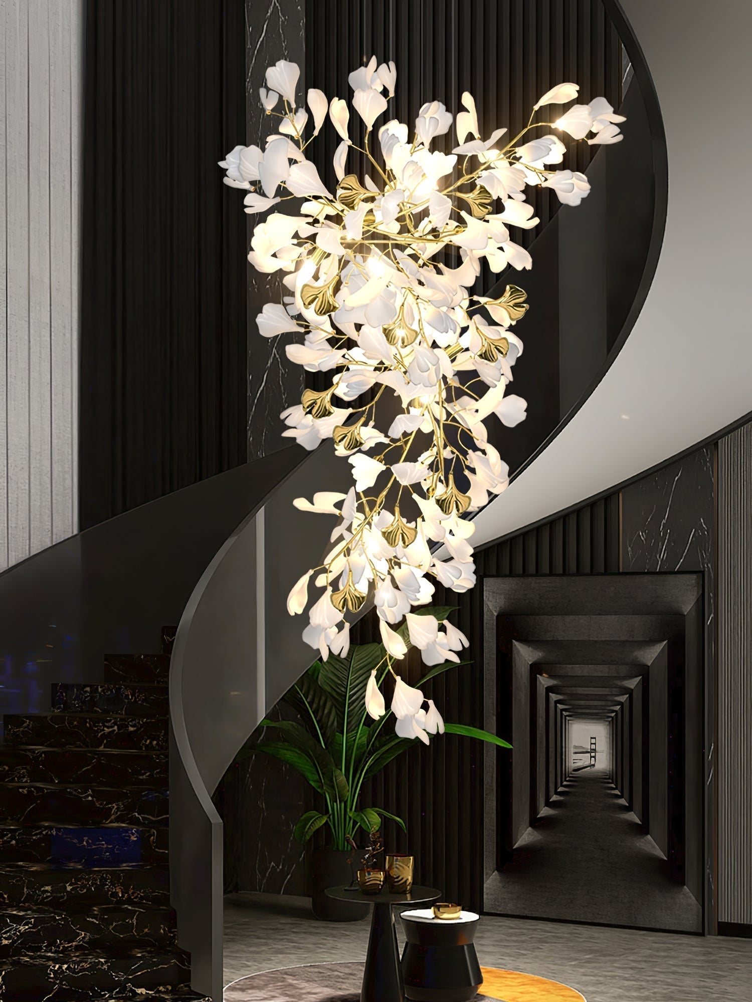 Olivia Chandelier Céramique Gingko Luxe Escalier d'Hôtel - Neutralighting