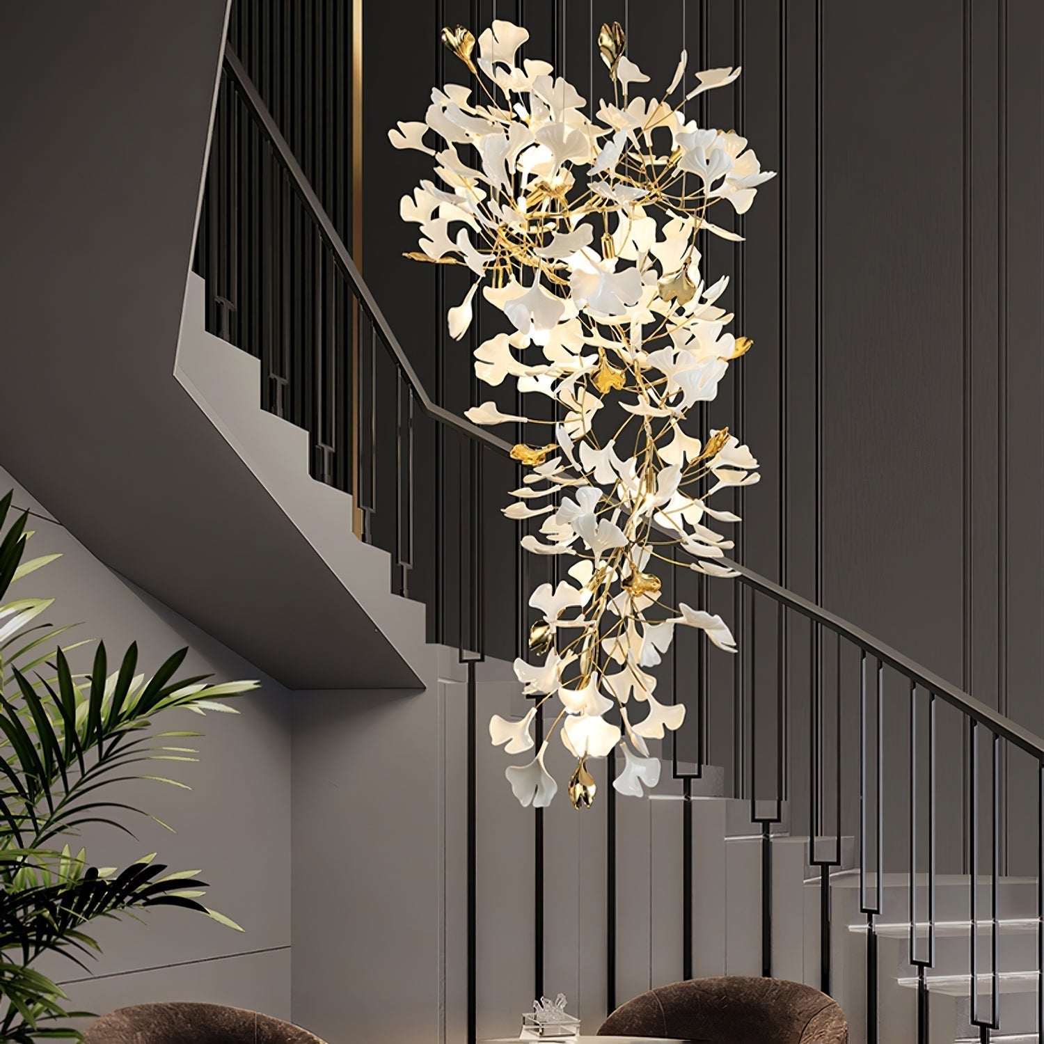 Olivia Chandelier Céramique Gingko Luxe Escalier d'Hôtel - Neutralighting