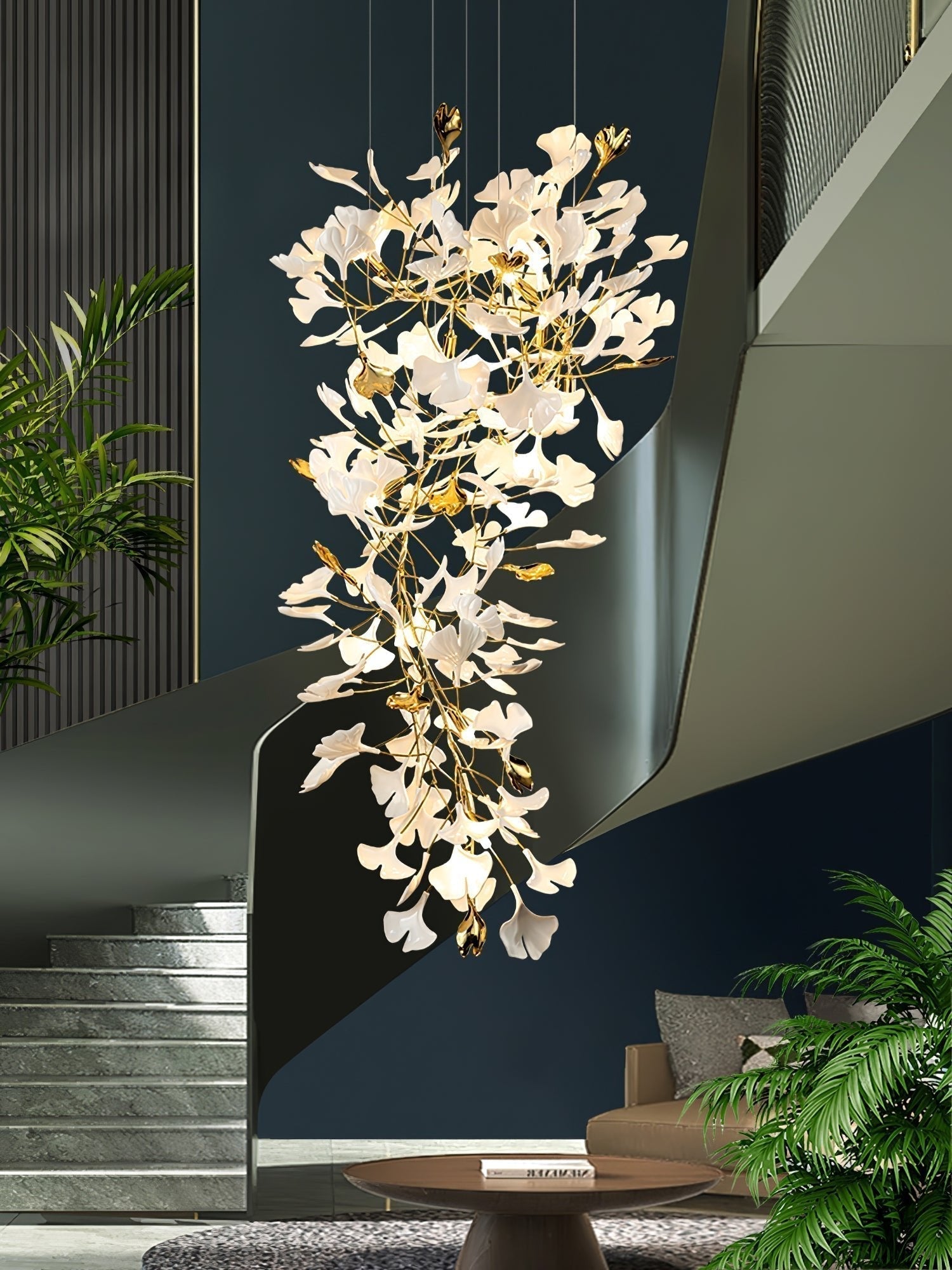 Olivia Chandelier Céramique Gingko Luxe Escalier d'Hôtel - Neutralighting