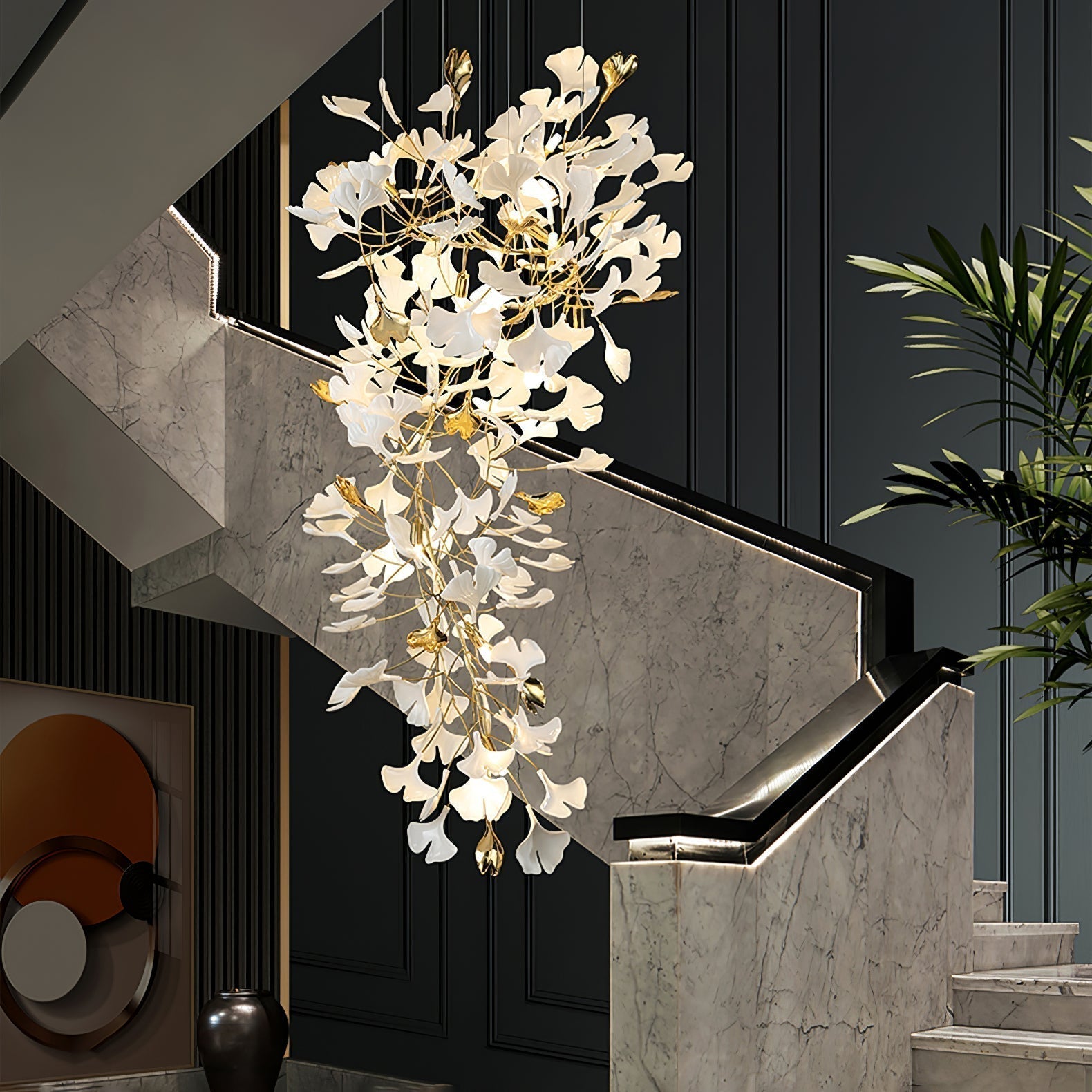 Olivia Chandelier Céramique Gingko Luxe Escalier d'Hôtel - Neutralighting