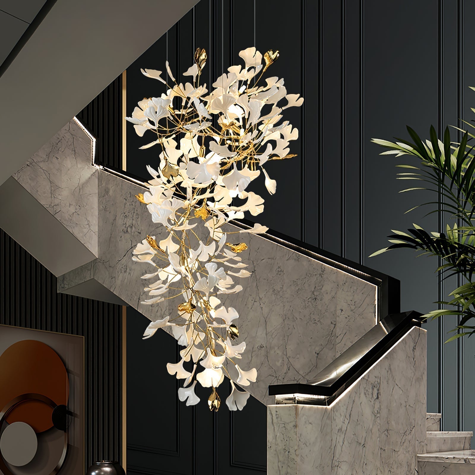 Olivia Chandelier Céramique Gingko Luxe Escalier d'Hôtel - Neutralighting