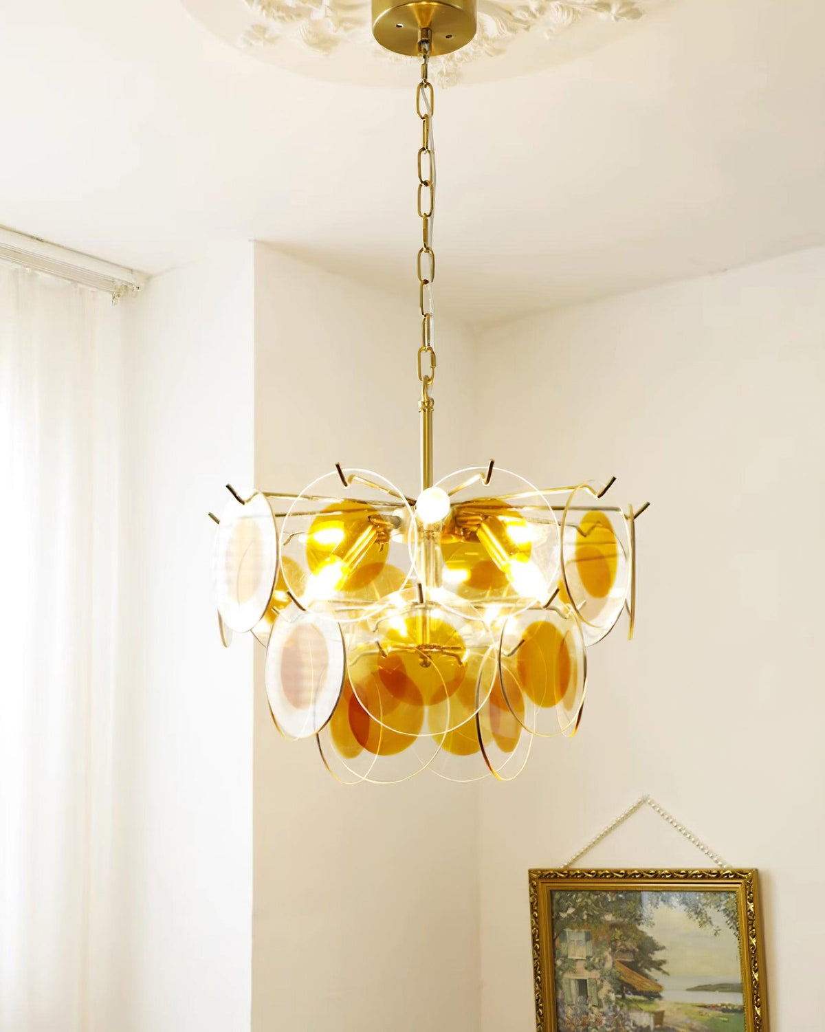 Glass Lustre Disques Caramel Cadre en Laiton Sculptural - Neutralighting