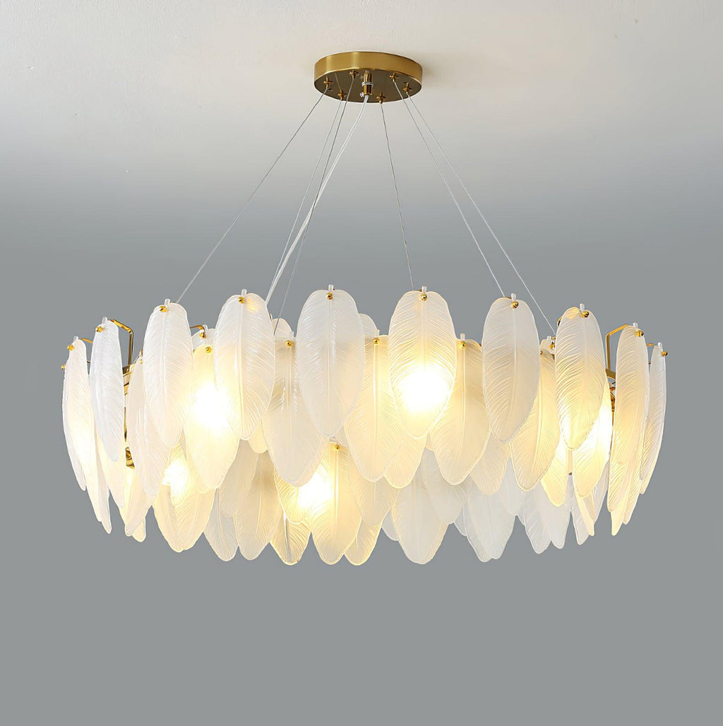 Lustra Chandelier en Plumes et Verre Givré Superposé - Neutralighting