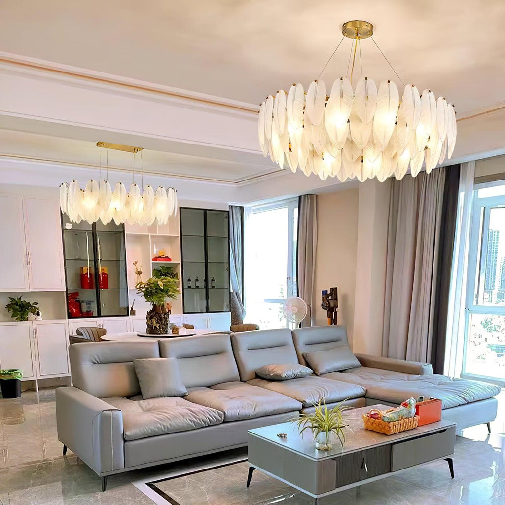 Lustra Chandelier en Plumes et Verre Givré Superposé - Neutralighting