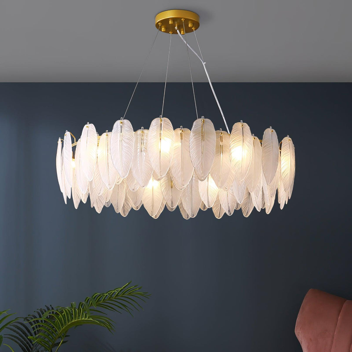 Lustra Chandelier en Plumes et Verre Givré Superposé - Neutralighting