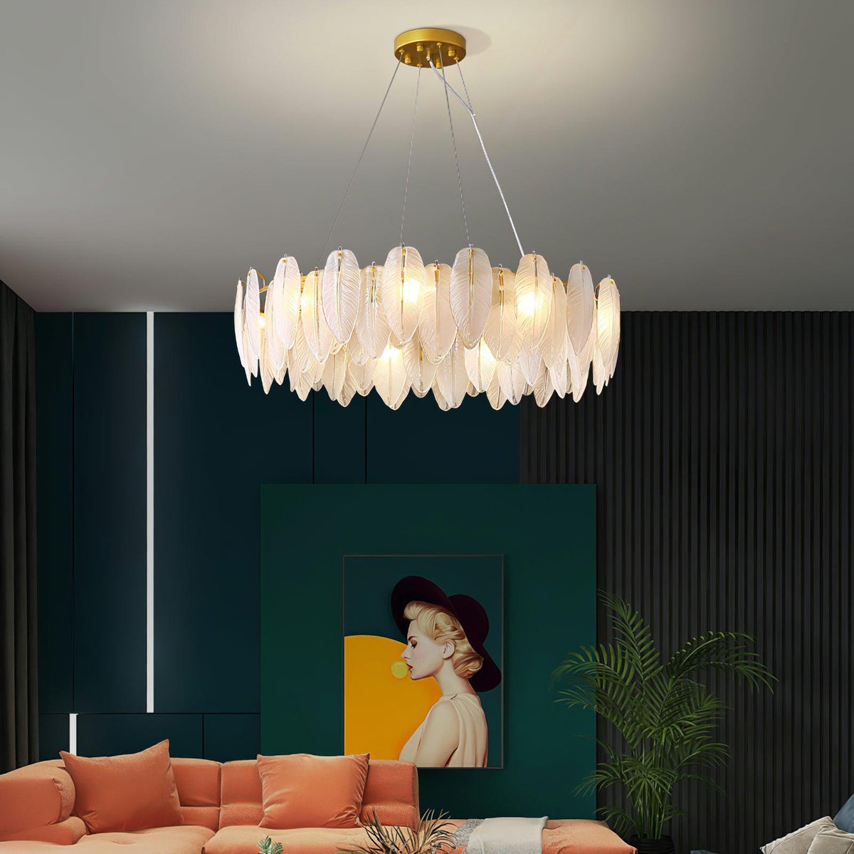 Lustra Chandelier en Plumes et Verre Givré Superposé - Neutralighting