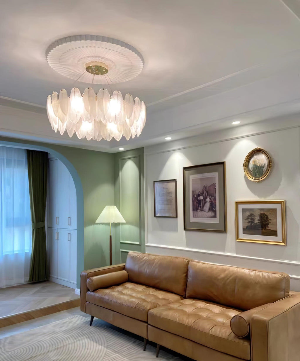 Lustra Chandelier en Plumes et Verre Givré Superposé - Neutralighting