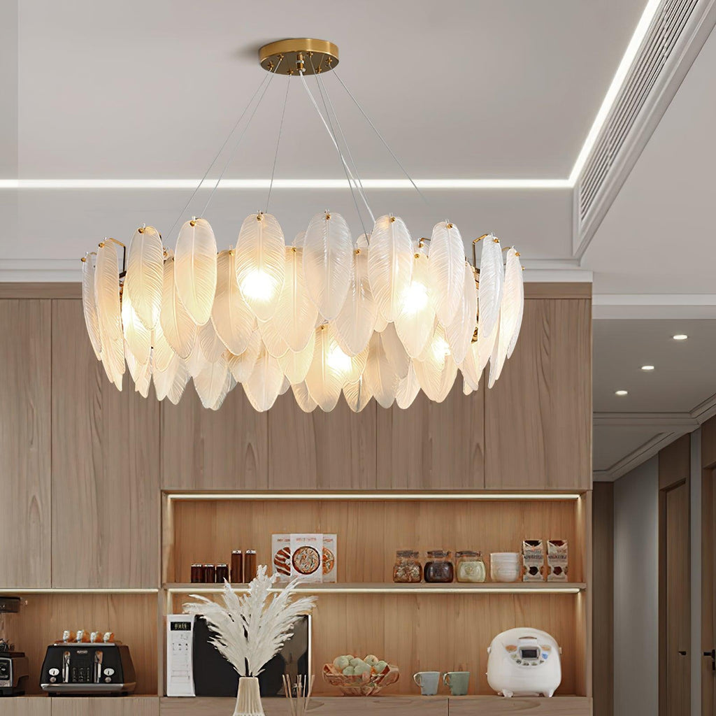 Lustra Chandelier en Plumes et Verre Givré Superposé - Neutralighting