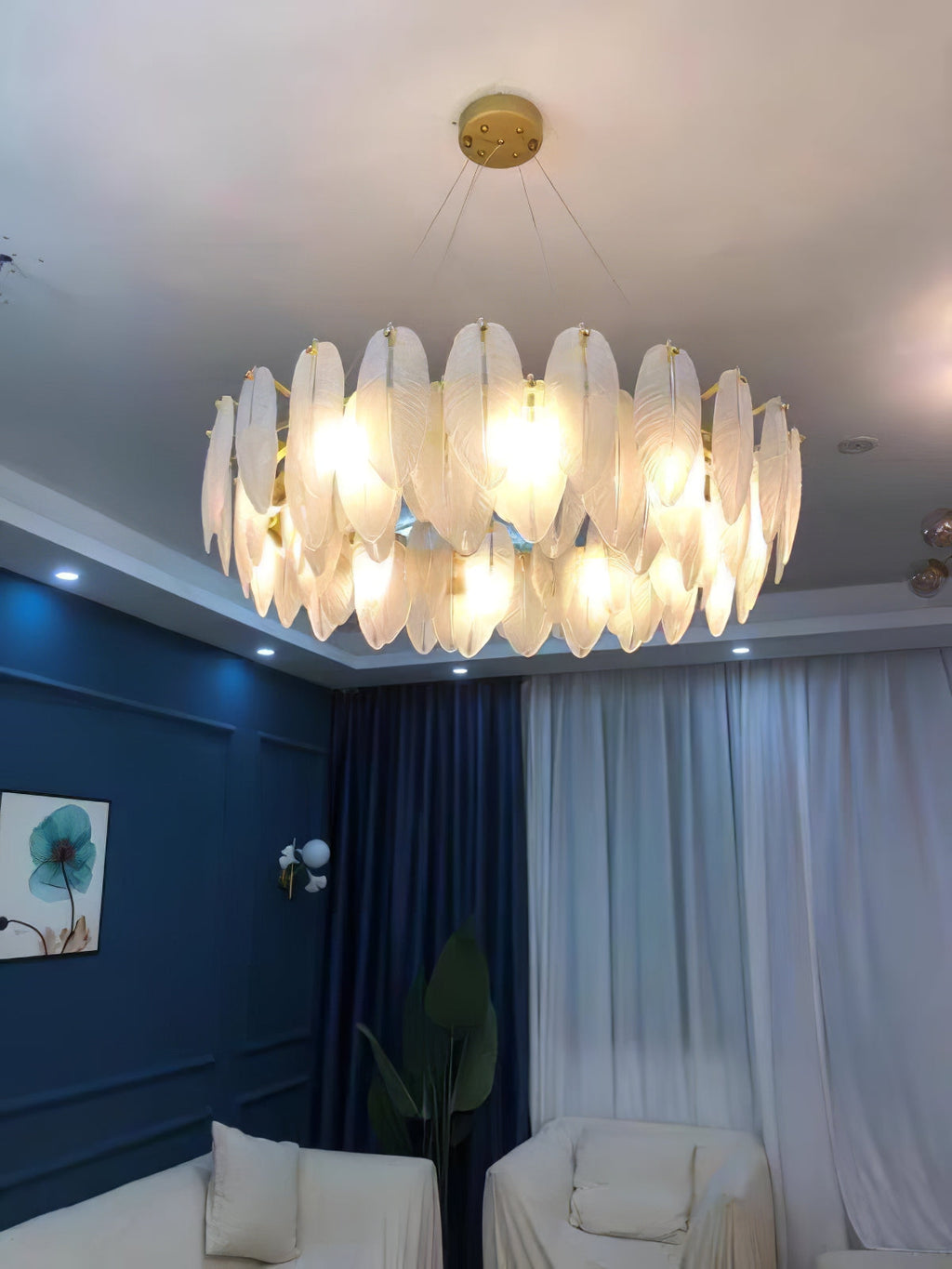 Lustra Chandelier en Plumes et Verre Givré Superposé - Neutralighting