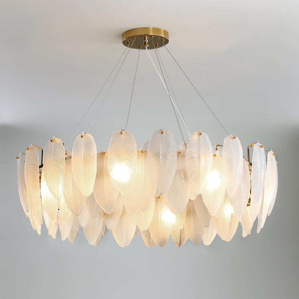 Lustra Chandelier en Plumes et Verre Givré Superposé - Neutralighting