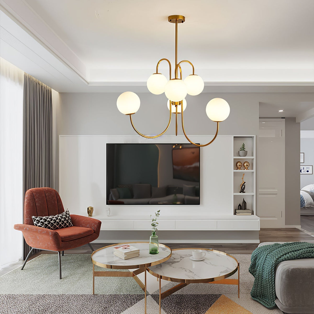 Lustra Chandelier en Laiton avec Globe et Bras Courbés - Neutralighting