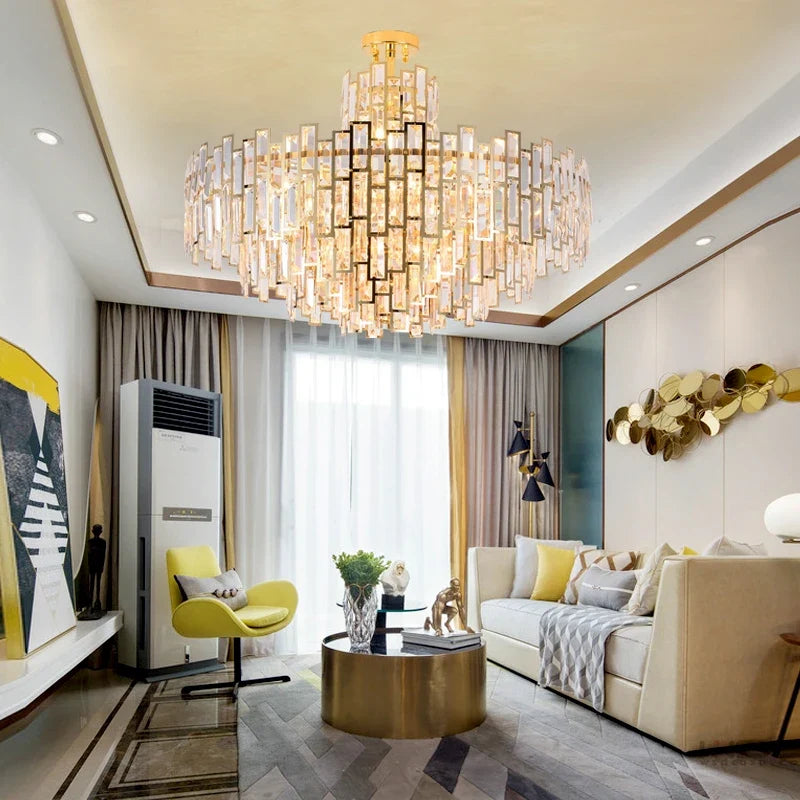Lustre — Design LED moderne en cristal argenté et doré suspendu