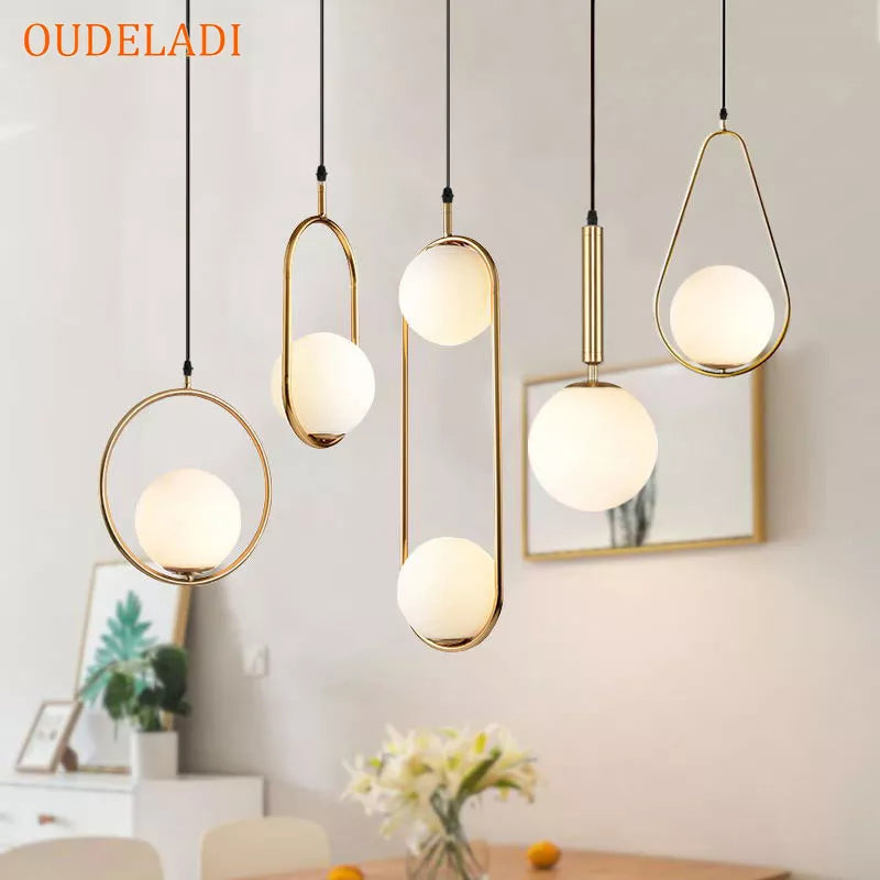 Suspension — Boule de verre nordique suspension lumières Vintage cerceau or moderne LED suspension lampe pour salon maison Loft décor industriel Luminaire
