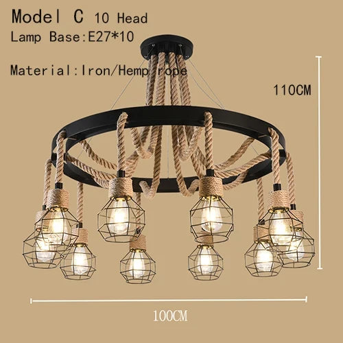 Lustre Industriel Ambroise Brume en Corde Tressée et Métal — Tête modèle C 10
