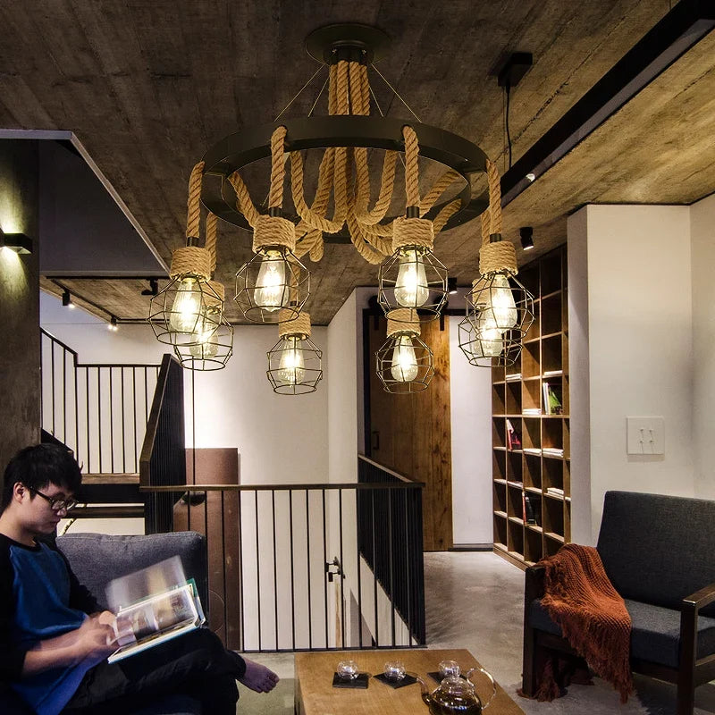 Lustre — Style industriel en ferronnerie et corde de chanvre