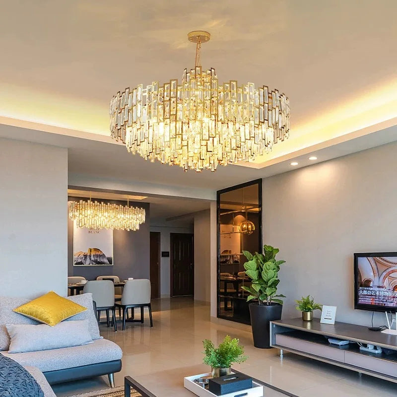 Lustre — Design LED moderne en cristal argenté et doré suspendu