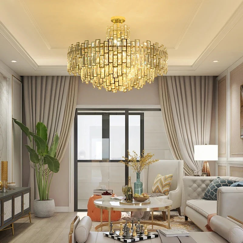 Lustre — Design LED moderne en cristal argenté et doré suspendu