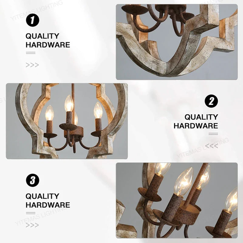 Lustre — Vintage lustre en bois massif éclairage à la maison style français américain pour salon chambre à manger cuisine rétro blanc 4 lumières