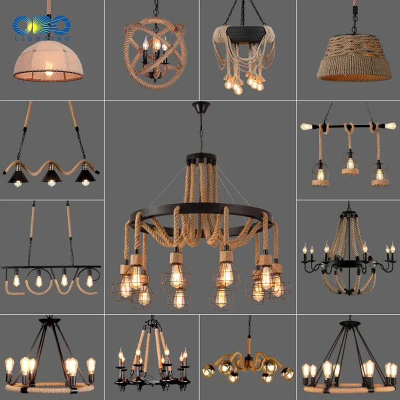 Lustre Vintage Augustine Brume en Corde de Chanvre et Métal