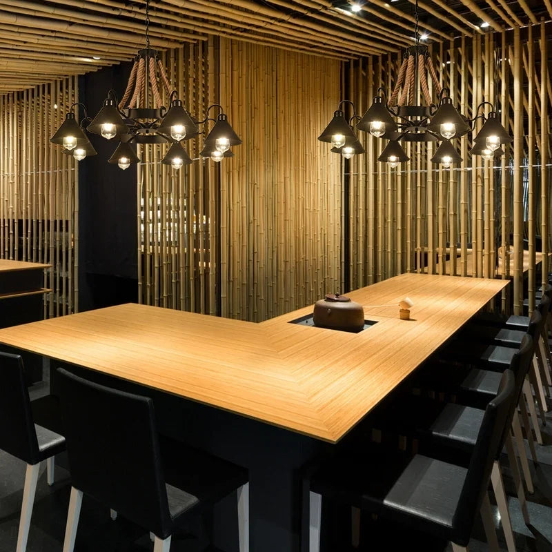 Lustre — Style industriel en ferronnerie et corde de chanvre
