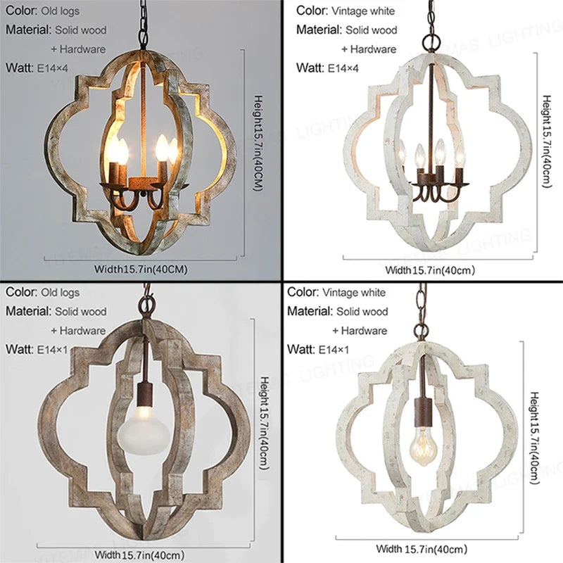Lustre — Vintage lustre en bois massif éclairage à la maison style français américain pour salon chambre à manger cuisine rétro blanc 4 lumières