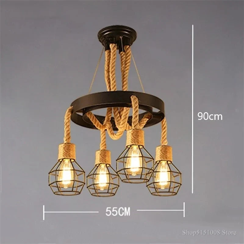 Suspension Vintage Basile Sillage en Corde de Chanvre — 4 lumières / Ampoule à LED ; 4 lumières / Pas d'ampoule
