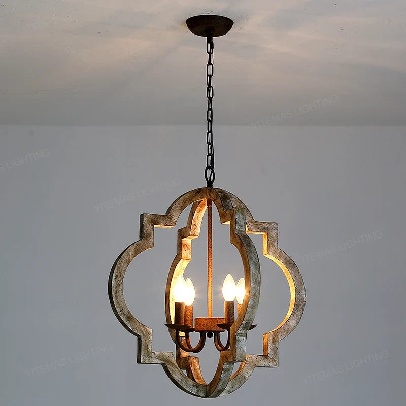 Lustre — Vintage lustre en bois massif éclairage à la maison style français américain pour salon chambre à manger cuisine rétro blanc 4 lumières