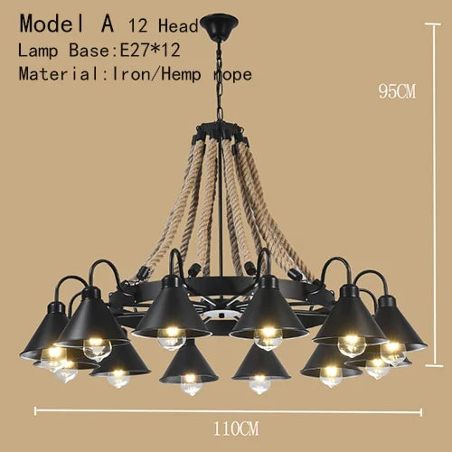 Lustre Industriel Ambroise Brume en Corde Tressée et Métal — Modèle A 12 têtes