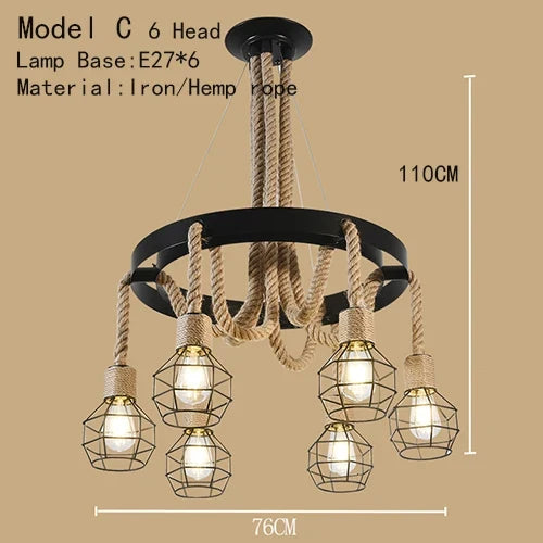 Lustre Industriel Ambroise Brume en Corde Tressée et Métal — Tête modèle C 6