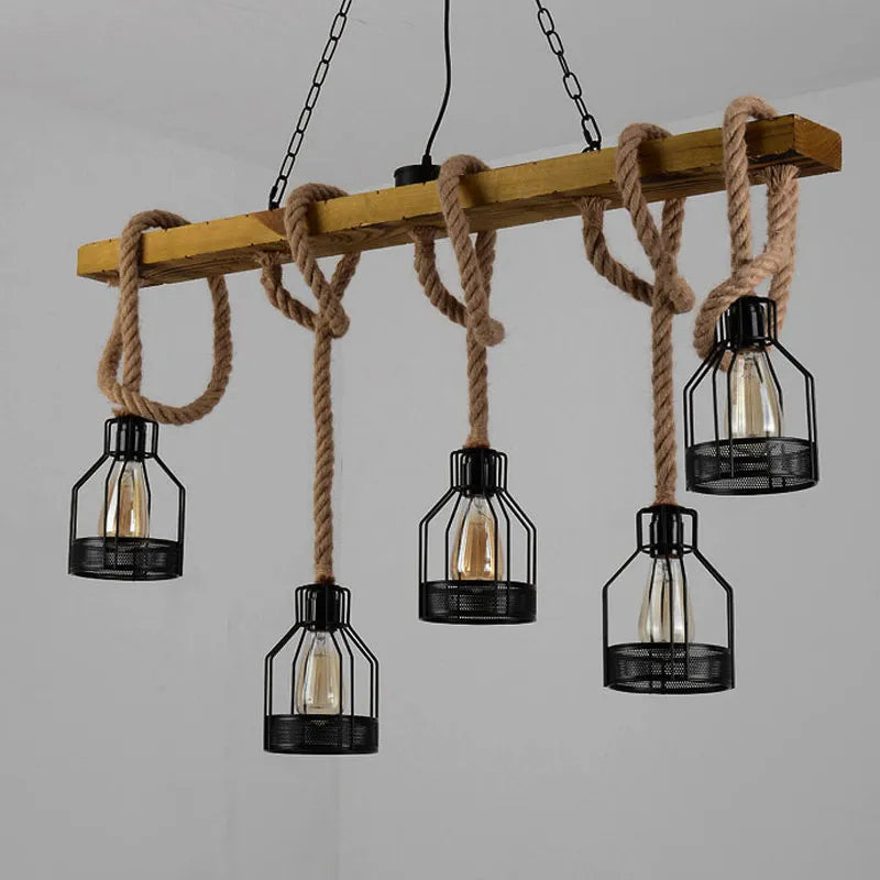 Suspension — 5 têtes Loft suspension lampe salle à manger Restaurant café salon corde de chanvre bois plafond lustre éclairage Vintage Droplight