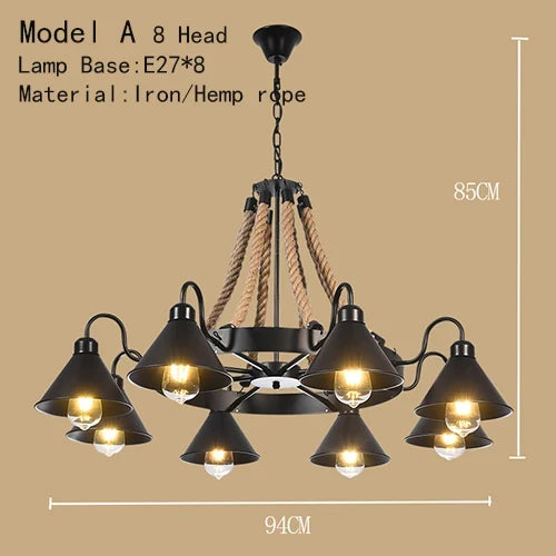 Lustre Industriel Ambroise Brume en Corde Tressée et Métal — Modèle A 8 têtes
