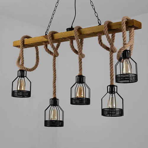 Suspension — 5 têtes Loft suspension lampe salle à manger Restaurant café salon corde de chanvre bois plafond lustre éclairage Vintage Droplight