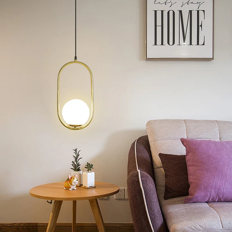 Suspension — Boule de verre nordique suspension lumières Vintage cerceau or moderne LED suspension lampe pour salon maison Loft décor industriel Luminaire