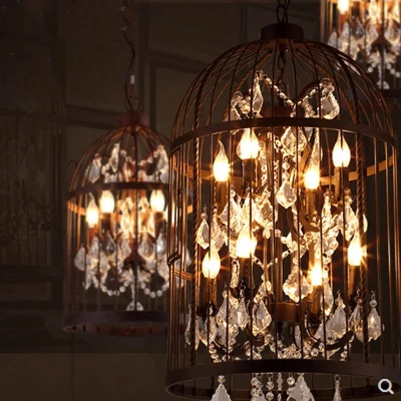 Lustre — Vintage américain en fer cage à oiseaux rétro cristal