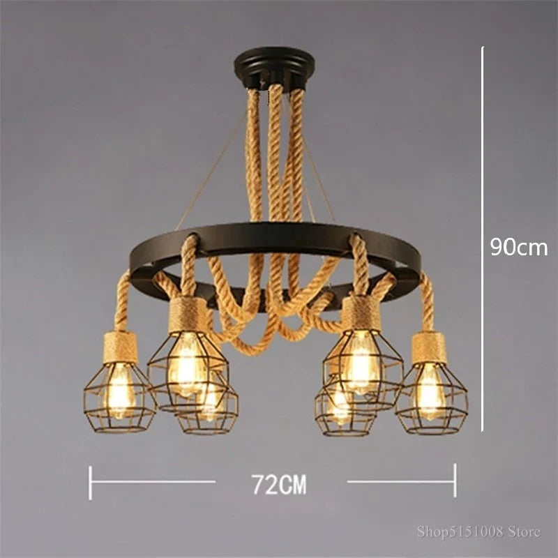 Suspension Vintage Basile Sillage en Corde de Chanvre — 6 lumières / Ampoule à LED ; 6 lumières / Pas d'ampoule