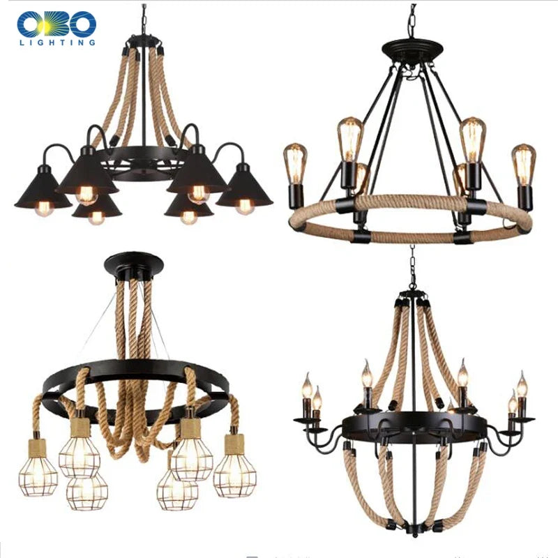 Lustre Vintage Augustine Brume en Corde de Chanvre et Métal