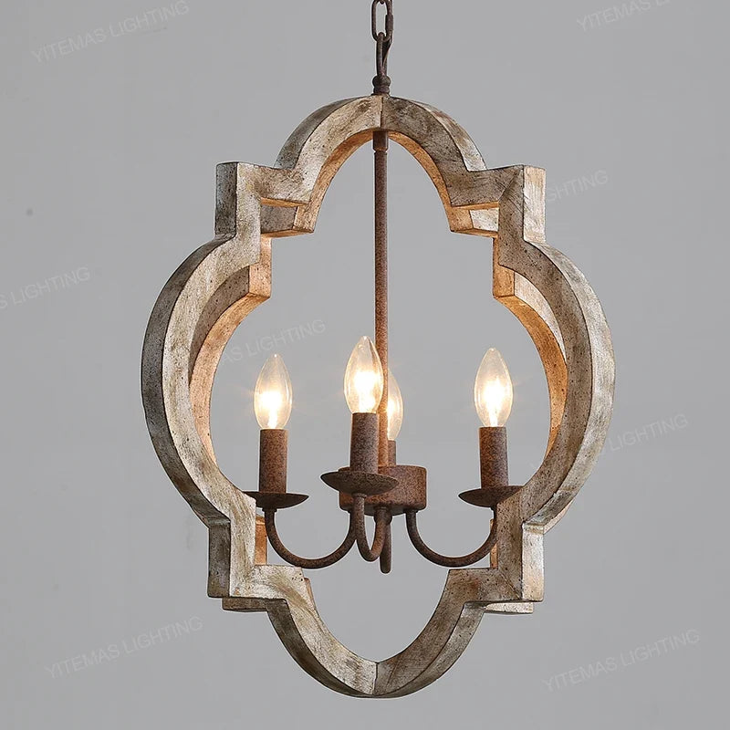 Lustre — Vintage lustre en bois massif éclairage à la maison style français américain pour salon chambre à manger cuisine rétro blanc 4 lumières
