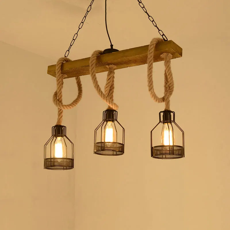Lustre Industriel Arsène Rivage en Corde de Chanvre et Bois — Type A sans ampoule