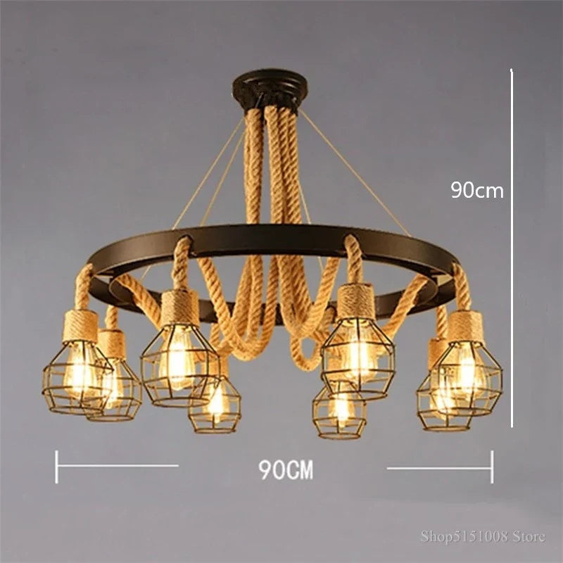 Suspension Vintage Basile Sillage en Corde de Chanvre — 8 lumières / Ampoule à LED ; 8 lumières / Pas d'ampoule