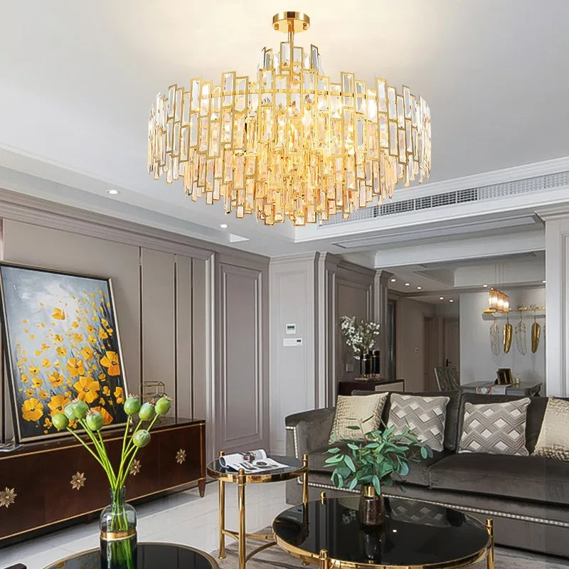 Lustre — Design LED moderne en cristal argenté et doré suspendu