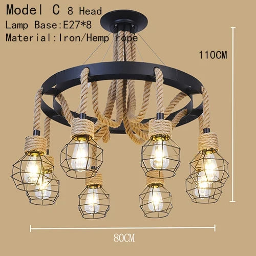 Lustre Industriel Ambroise Brume en Corde Tressée et Métal — Tête modèle C 8