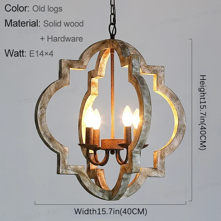 Lustre — Vintage lustre en bois massif éclairage à la maison style français américain pour salon chambre à manger cuisine rétro blanc 4 lumières