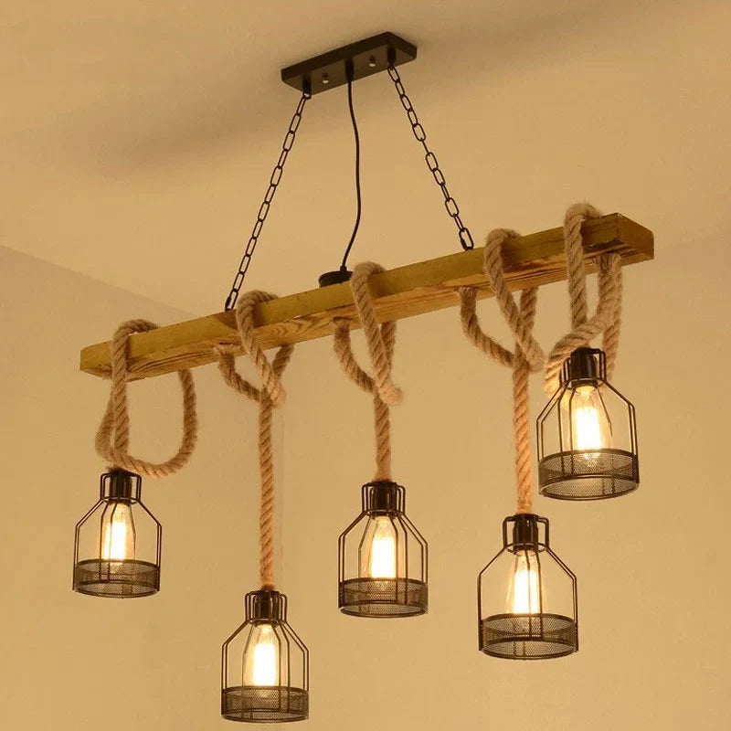 Suspension — 5 têtes Loft suspension lampe salle à manger Restaurant café salon corde de chanvre bois plafond lustre éclairage Vintage Droplight