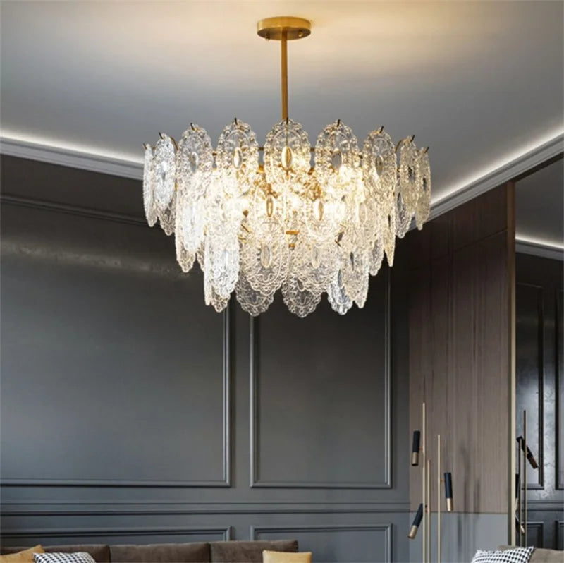 Lustre — Rond en cristal doré design moderne à LED