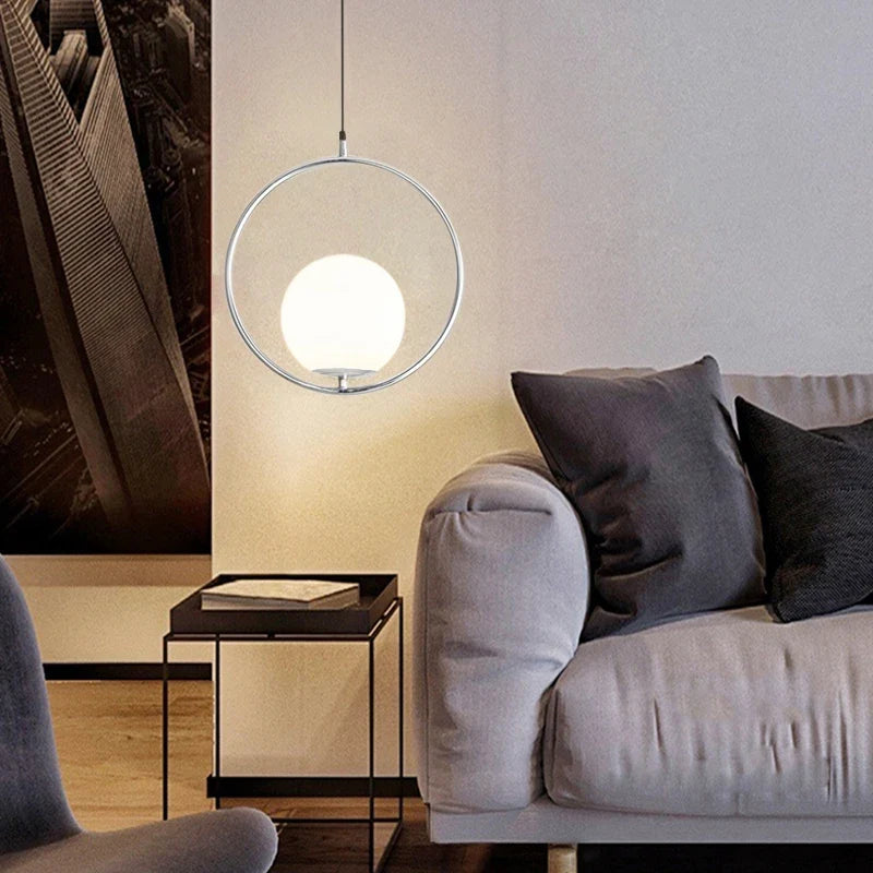 Suspension — Boule de verre nordique suspension lumières Vintage cerceau or moderne LED suspension lampe pour salon maison Loft décor industriel Luminaire
